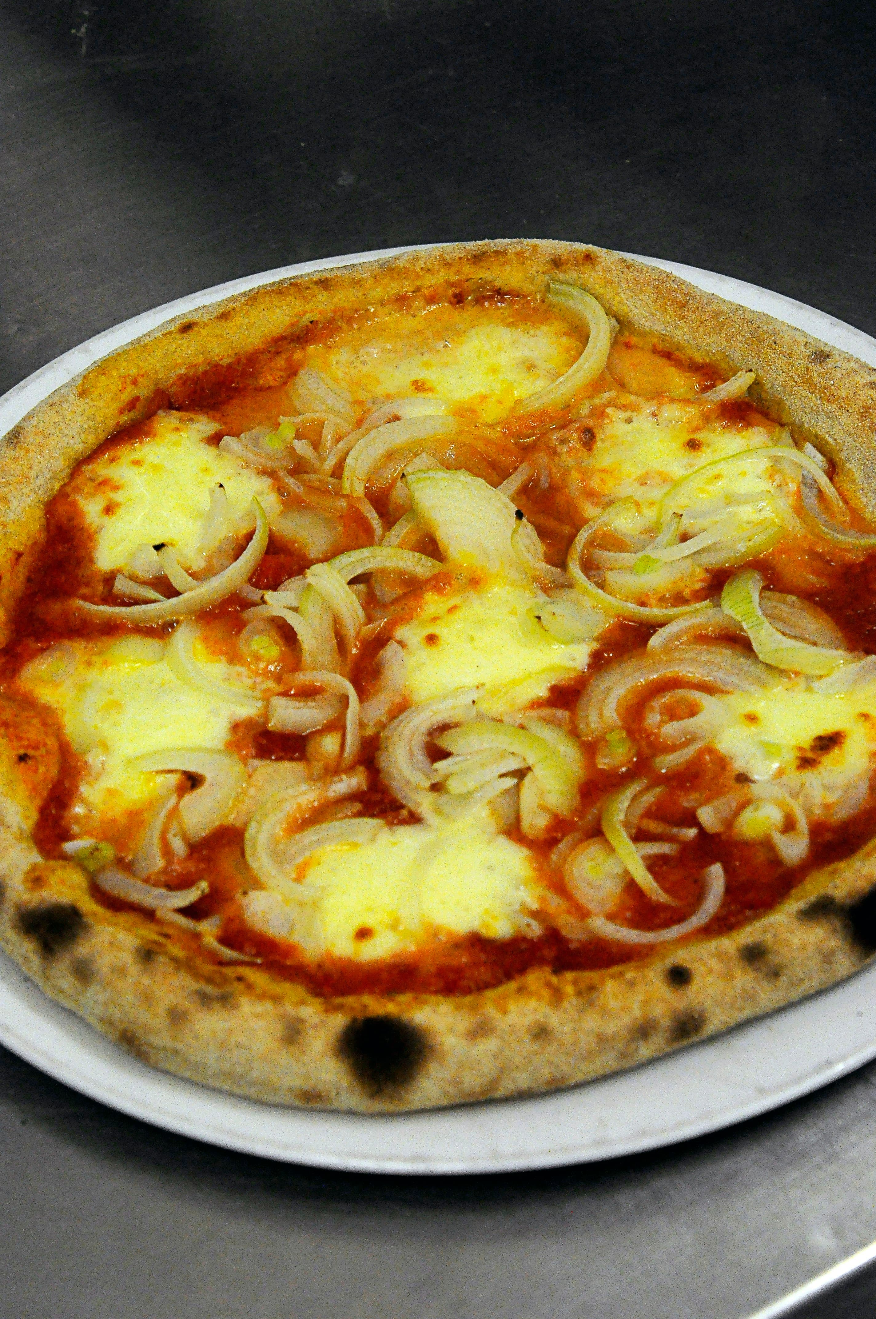 Onion pizza with caramelized onions and melted mozzarella cheese on tomato base