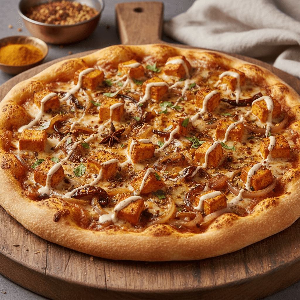 Paneer onion pizza with spiced cottage cheese and caramelized onions