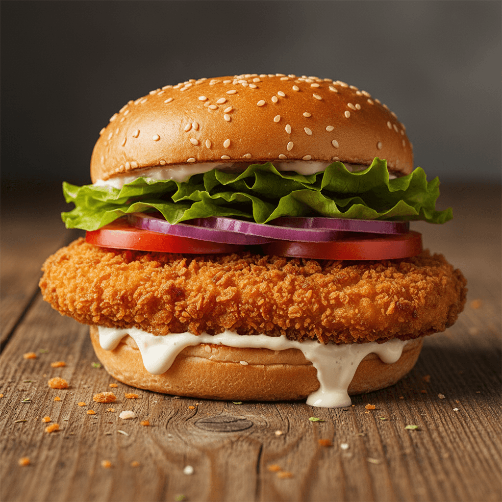 Crispy veggie burger with battered mixed vegetables, mayo and pickles