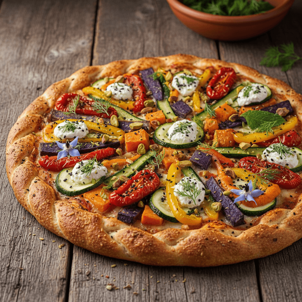 Mix veg pizza loaded with seven fresh colorful vegetables and melted cheese