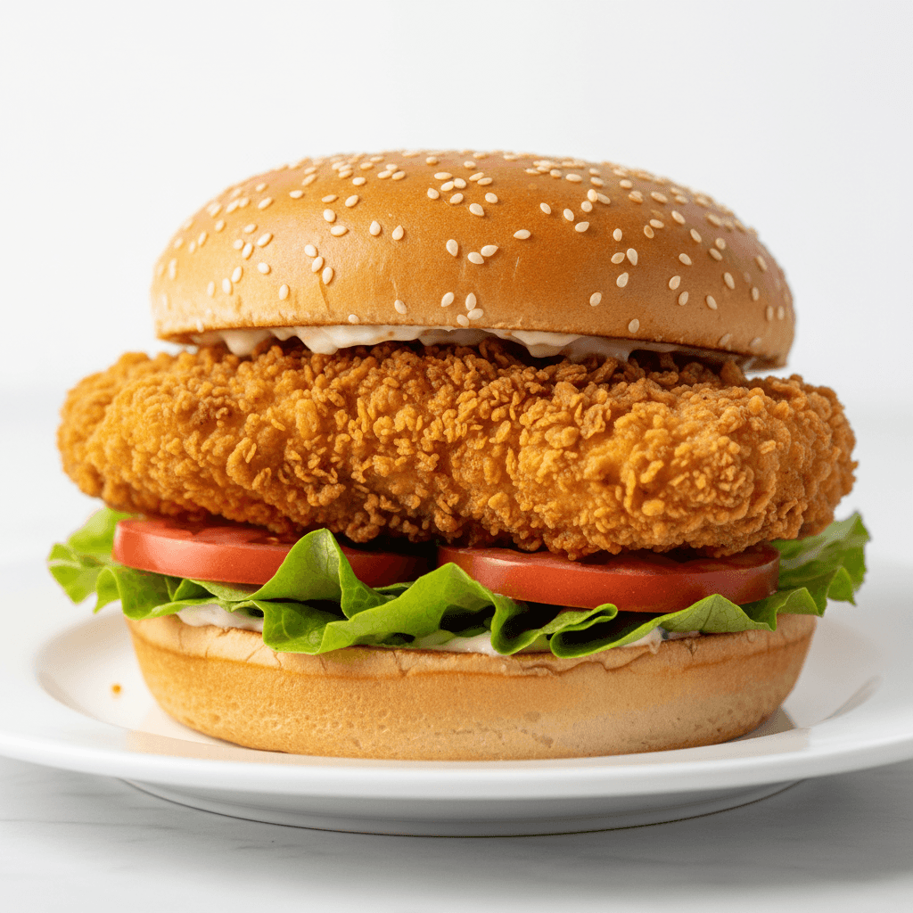 Aloo tikki burger with crispy spiced potato patty, fresh lettuce and sauces in a sesame bun