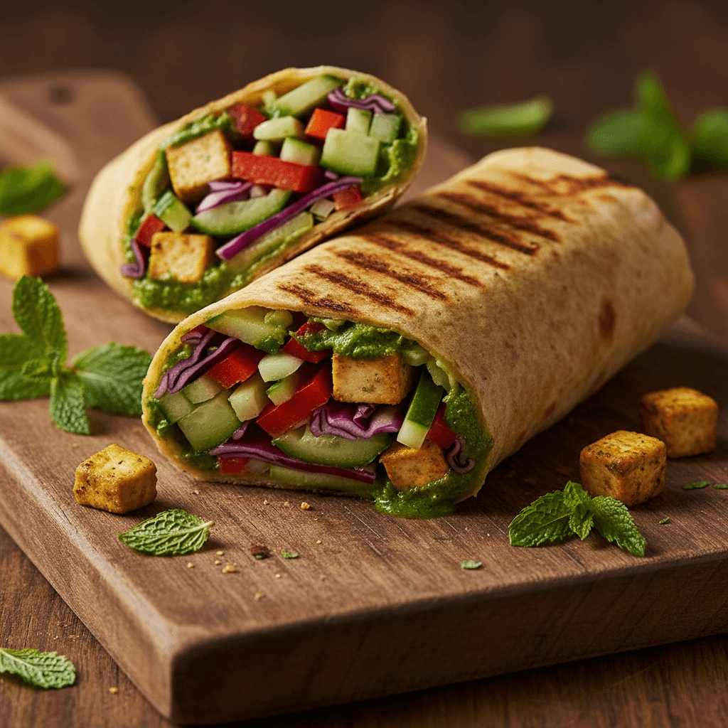 Indian veggie wrap with spiced vegetables in soft tortilla with mint chutney