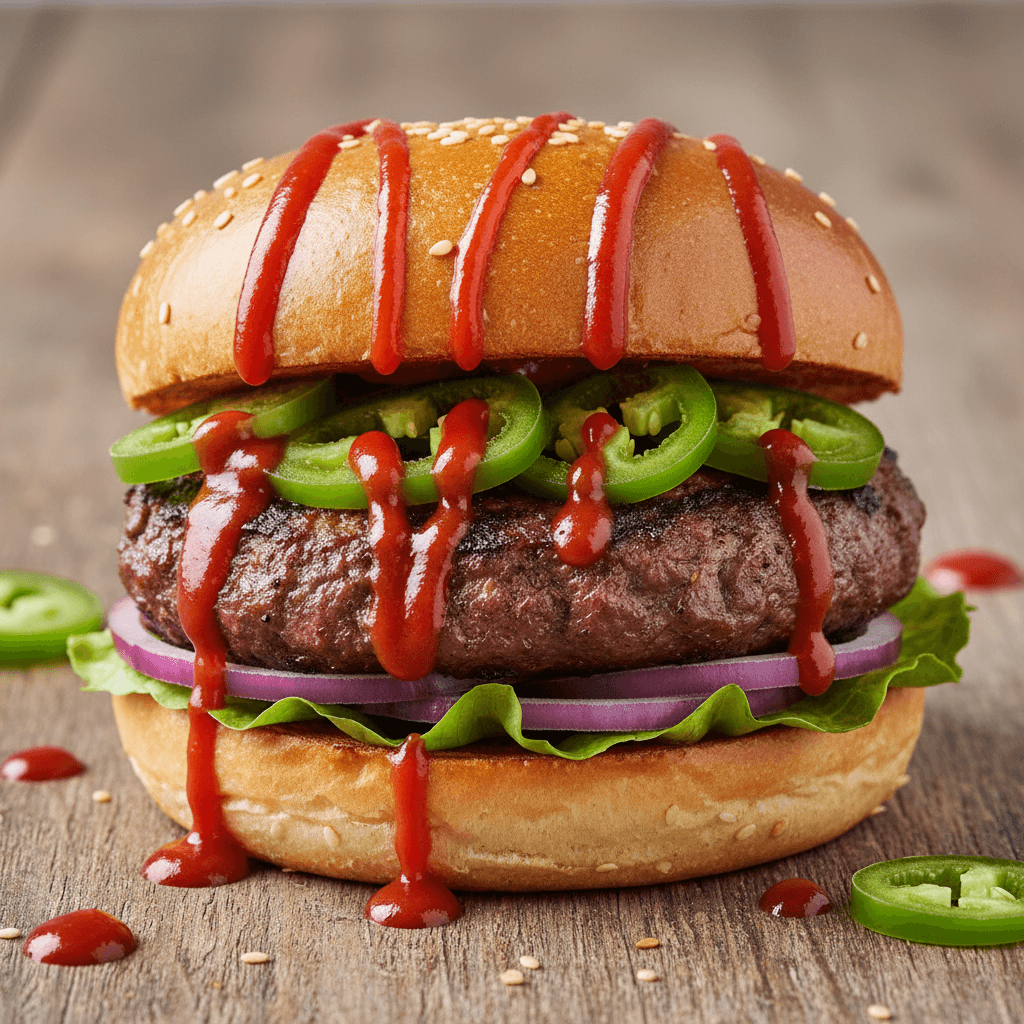 Spicy veggie burger with hot crunchy patty, jalapeños and sriracha sauce