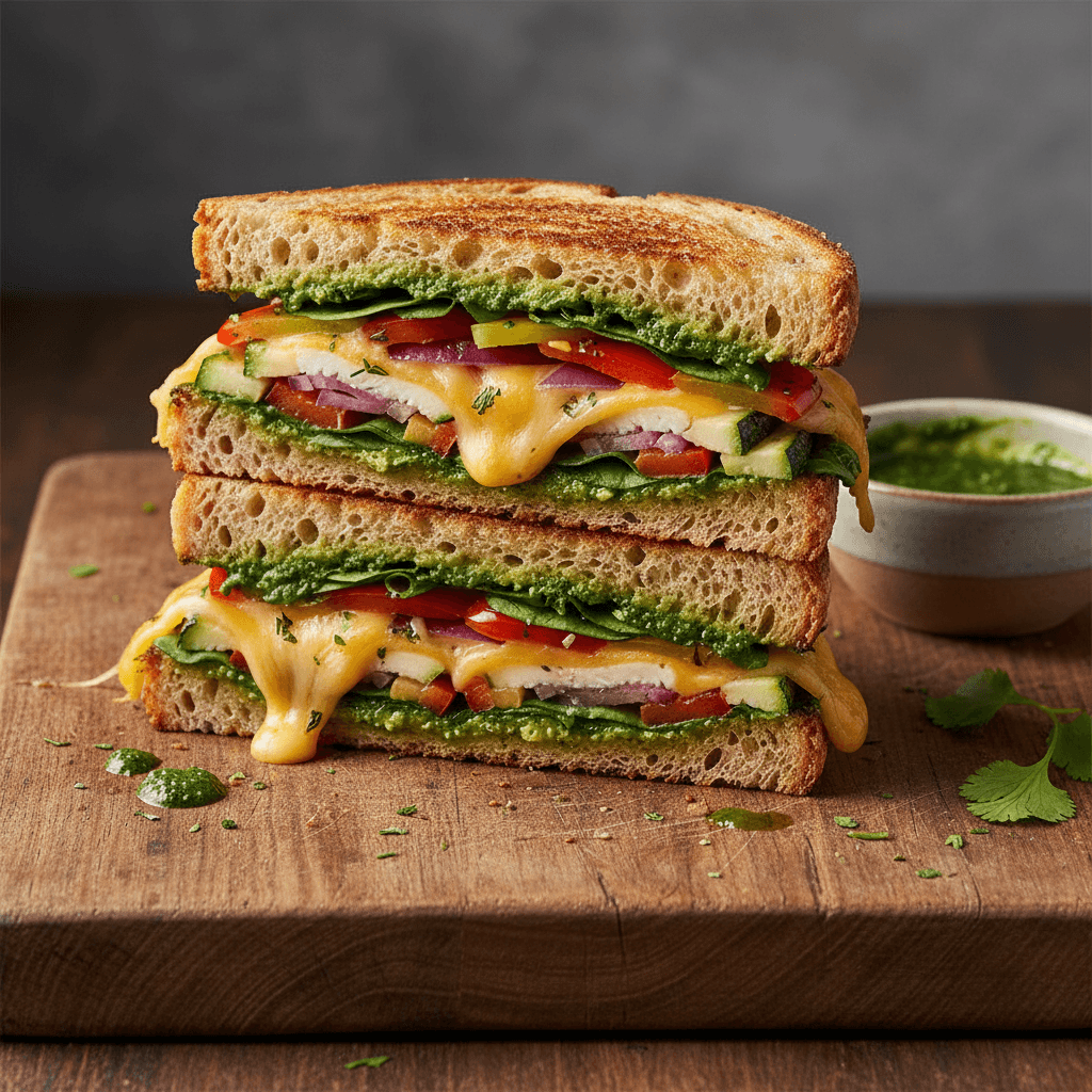 Paneer cheese sandwich with grilled cottage cheese and melted cheese on herb bread