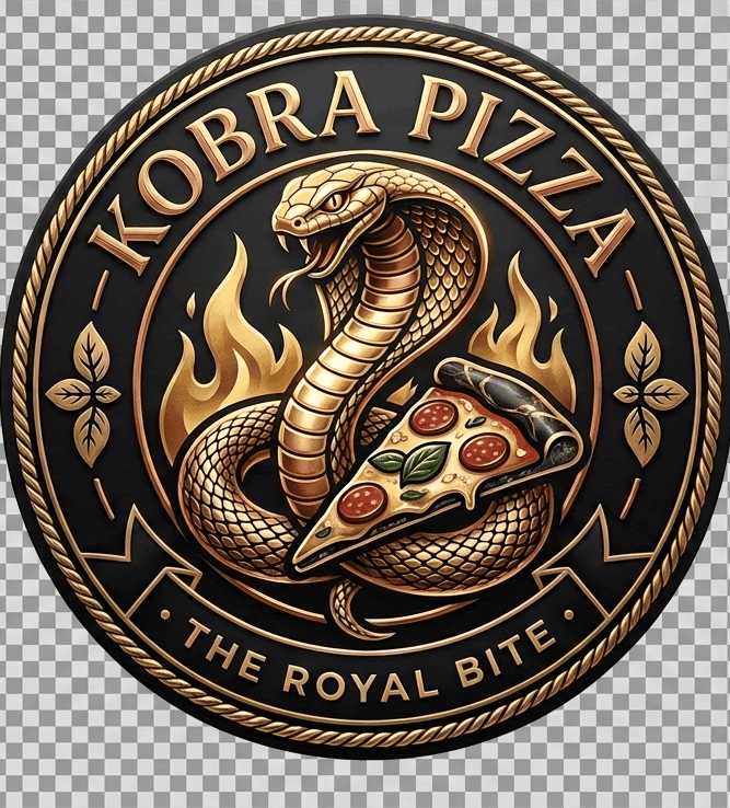 KobraPizza logo — gold cobra snake holding a pizza slice on black background
